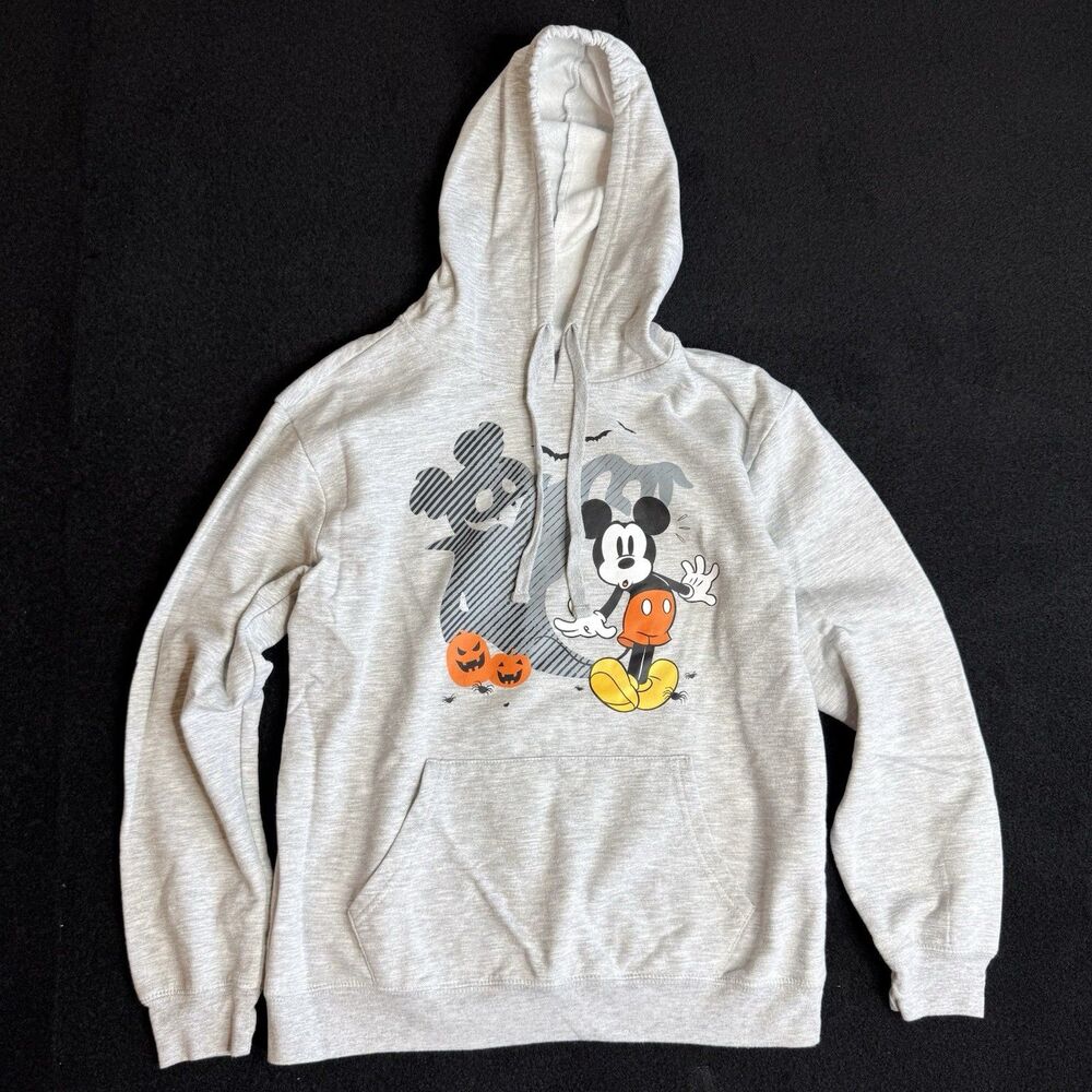 Disney Mickey Mouse Halloween Hoodie L Gray Pumpkin Haunted House READ DESC